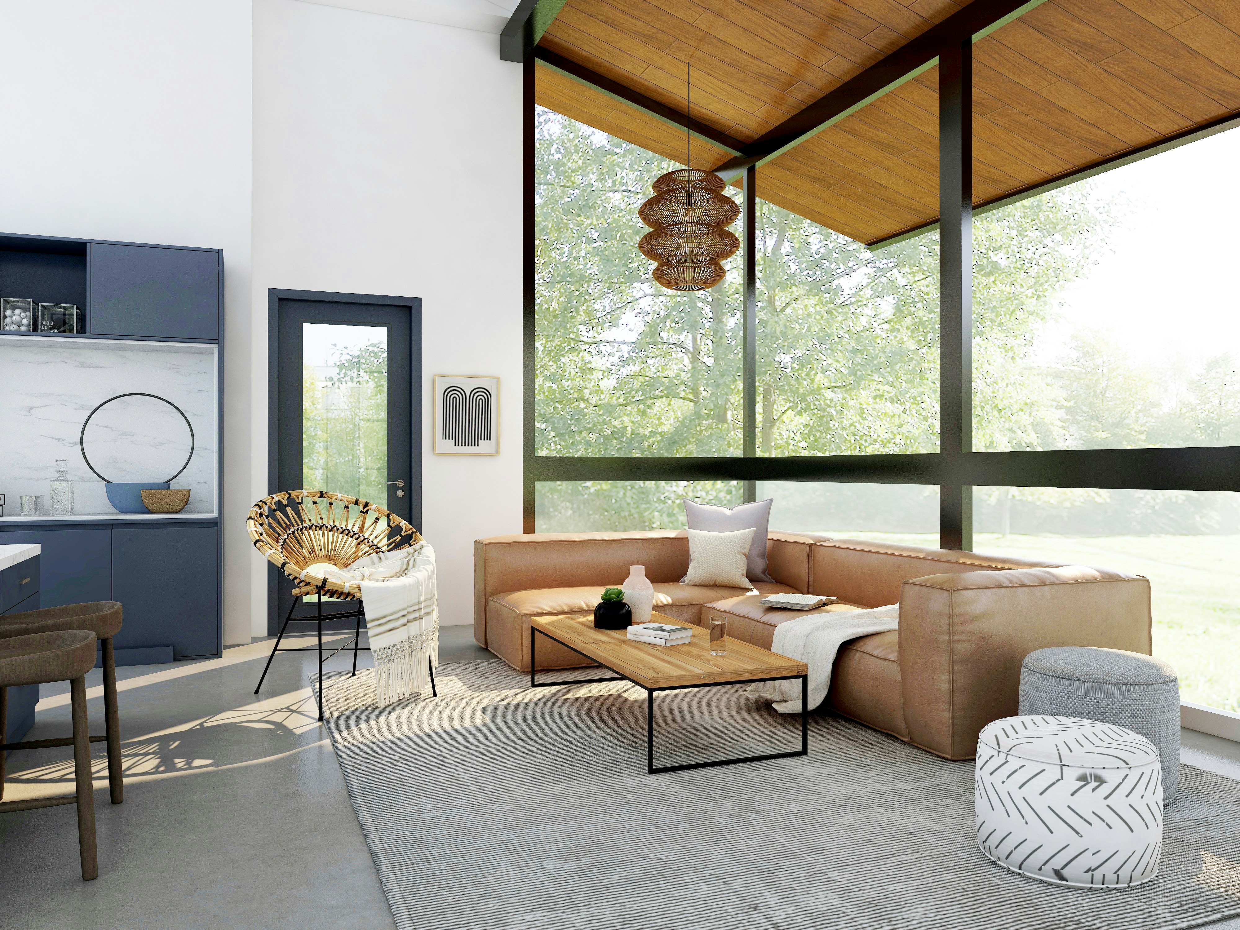 Modern living room with subtle ambient lighting showcasing seamless technology integration